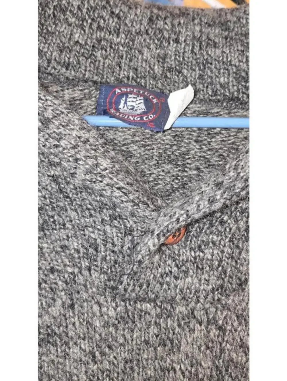Aspetuck Trading Co. Gray Wool Knit Sweater with Burgundy and White Stripes